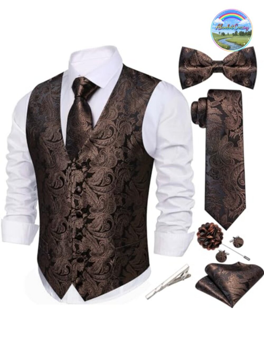 Mens Silk Vest Tie Bowtie Set 8PCS Handkerchief Cufflinks Lapel Pin